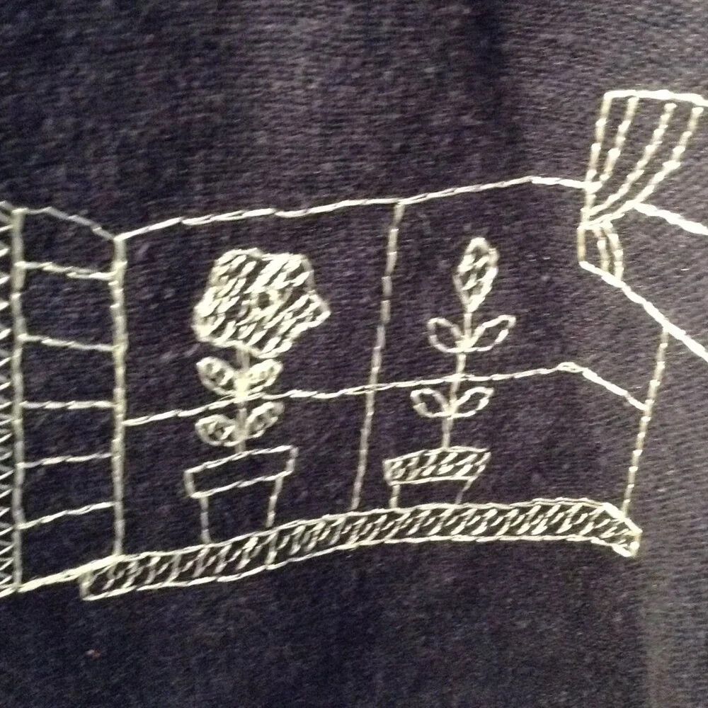 Coldwater Creek L Navy/White cross Stitch Wide Lapel Tunic Eclectic Granny Chic - Picture 3 of 5